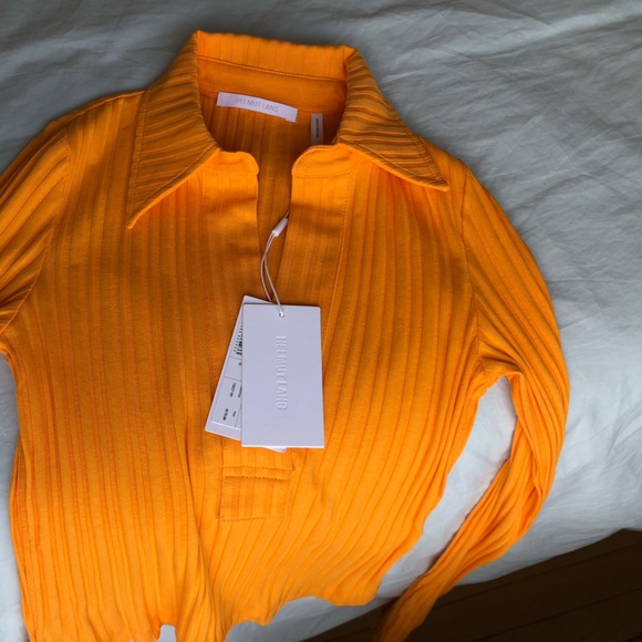 NWT Helmut Lang Cotton Cropped Rib Knit Long Sleeve Polo in Orange, Size XS - Picture 9 of 14